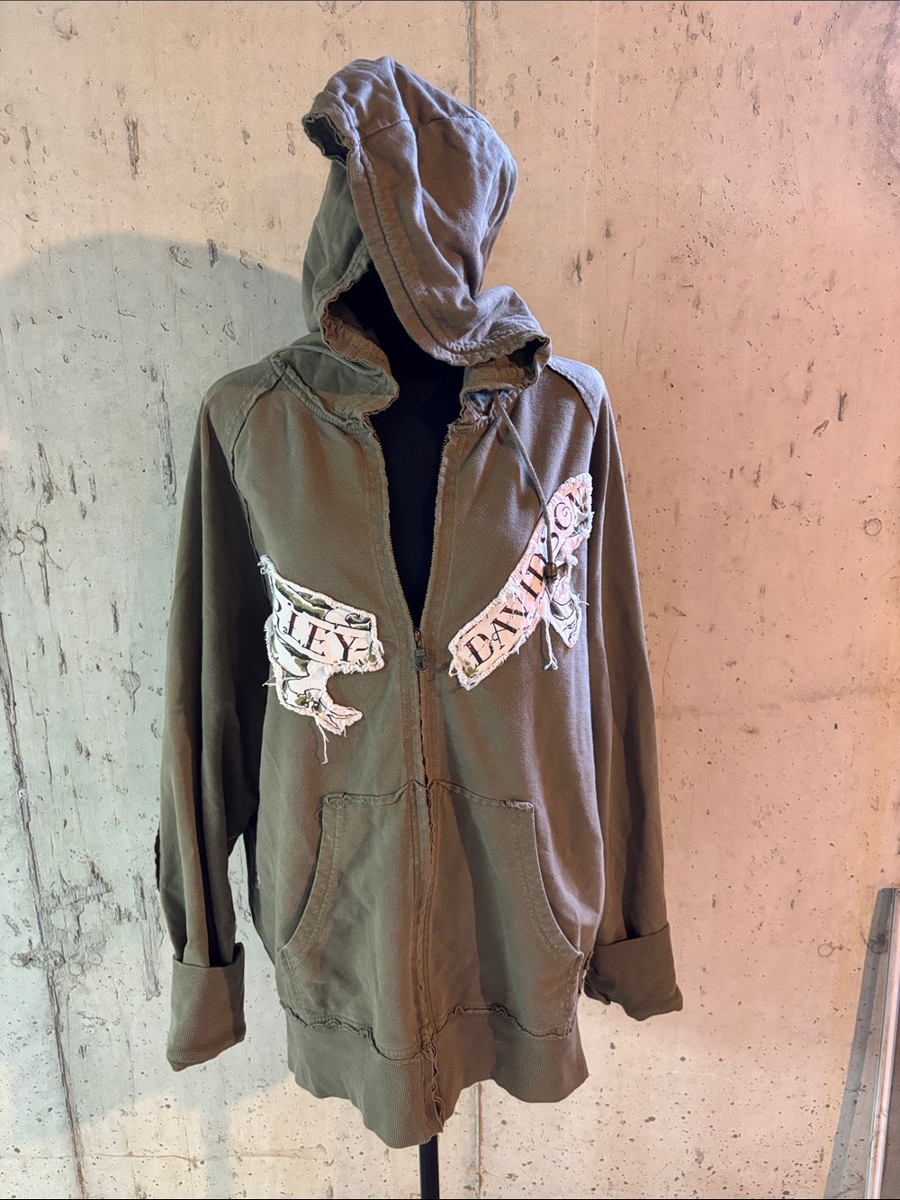 Harley-Davidson Olive Hooded Zip-Up Jacket with Chest Banner Patches